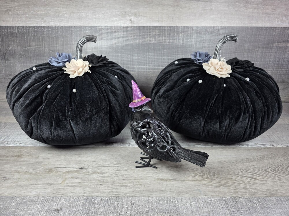 Halloween Decor Lot Black Velvet Pumpkins Raven Bird Witch Hat Fall Display b291